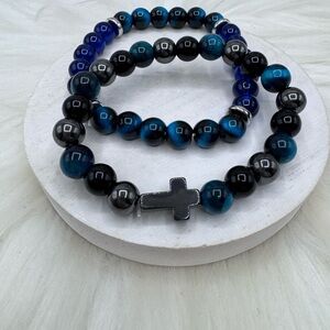 Blue and Black Beaded Cross Bracelet Set - Women